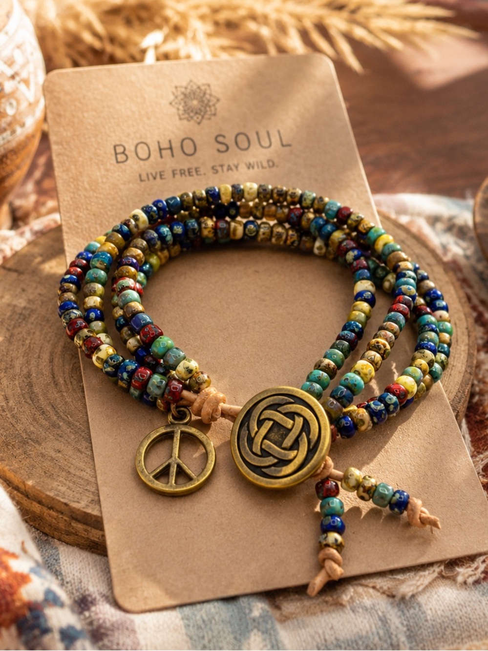 Hand Crafted Multicolor Beaded Wrap Bracelet with Brass Charm